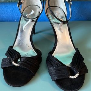 Nina 9 Black Satin Ankle Strap 3 Inch  Heel Classic Evening Shoe